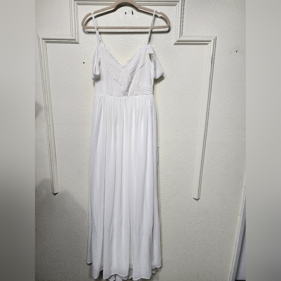 Lulus Marcelyn White Pleated Cold-Shoulder Maxi Dress S Wedding Party Bridal - Picture 6 of 10